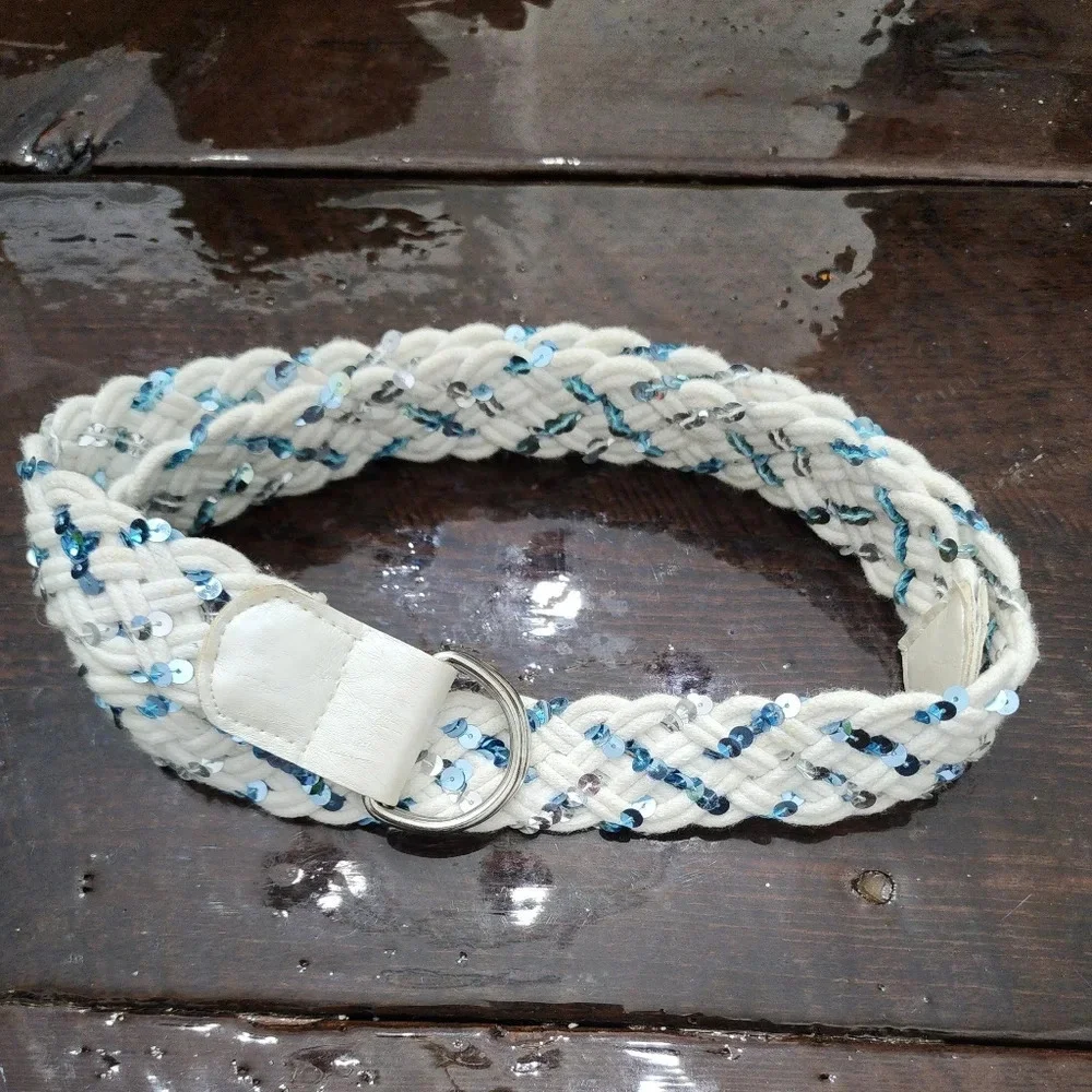 👸👖🩳 White Braided D-ring Belt with blue & silver sequins